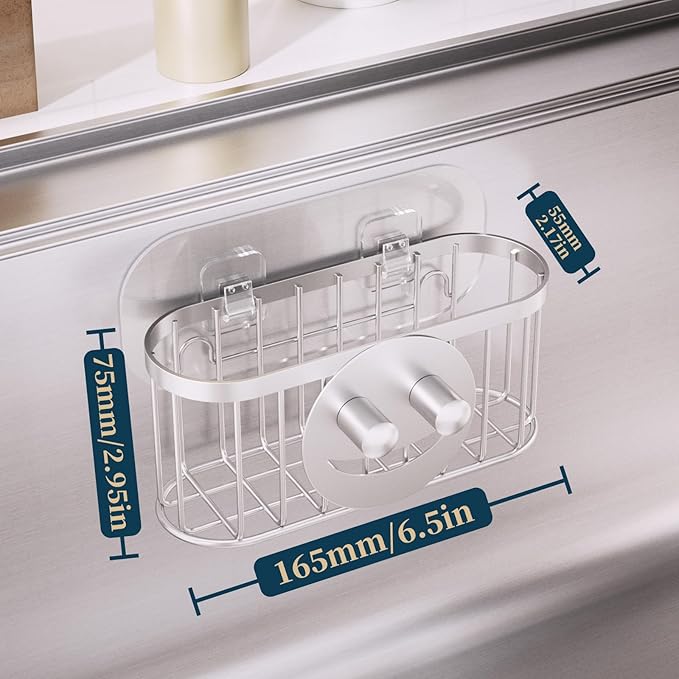 Consumest Sponge Holder Smiley Face - Kitchen Sink Caddy, Sink Organizer with Removable Suction Cups & Adhesive Strips, Suit for Sponge, Soap, Silver