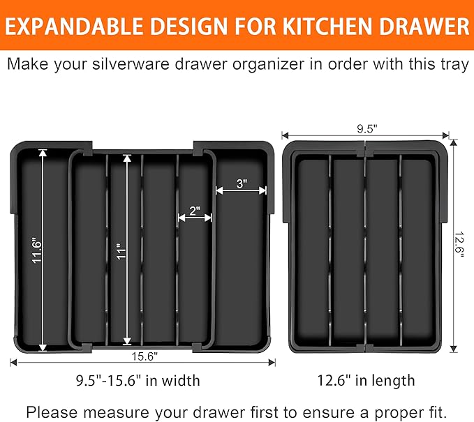 Kitchen Silverware Organizer for Drawer - Expandable Silverware Drawer Organizer Adjustable Utensil Drawer Holder, Flatware Cutlery Tray for Spoons Forks Kitchen Organizers Storage,Black, S