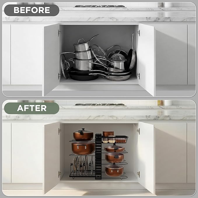 7-Tier Pots and Pans Organizer Under Cabinet - Cooking Pot Lid Organizer for Cabinet with Basket for Utensils, Lid Rack - Adjustable Vertical Holder Cookware Storage, Steel Pot Rack for Kitchen