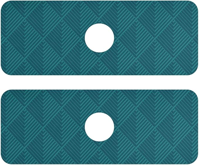Kitchen Sink Splash Guard 2 PCS 14.7 Inch Sink Faucet Mat Splash Guard for Bathroom Countertop Water Absorbent Foldable Cuttable Soft Washable Dark Green Geometric Art