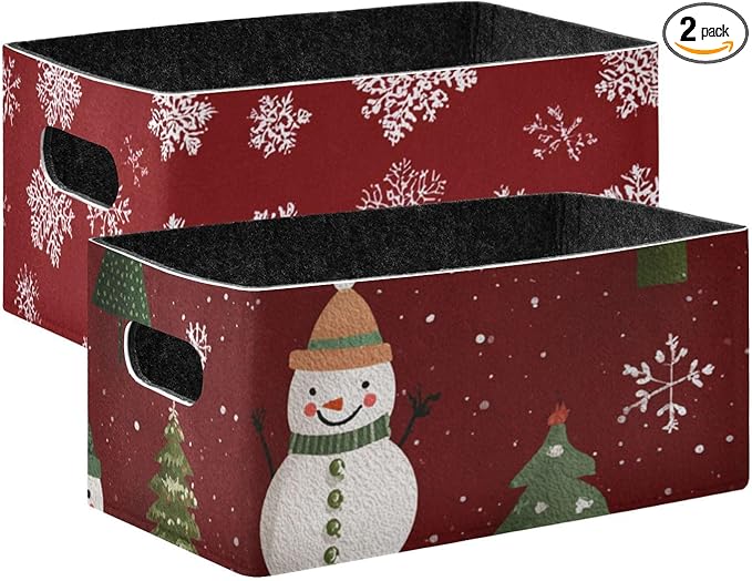 Red Winter Snowflakes Closet Storage Bins 2 Pcs Felt Open Home Storage Containers Organizer with Handles Collapsible Shelf Basket for Home Office Craft Room Classroom Fabric