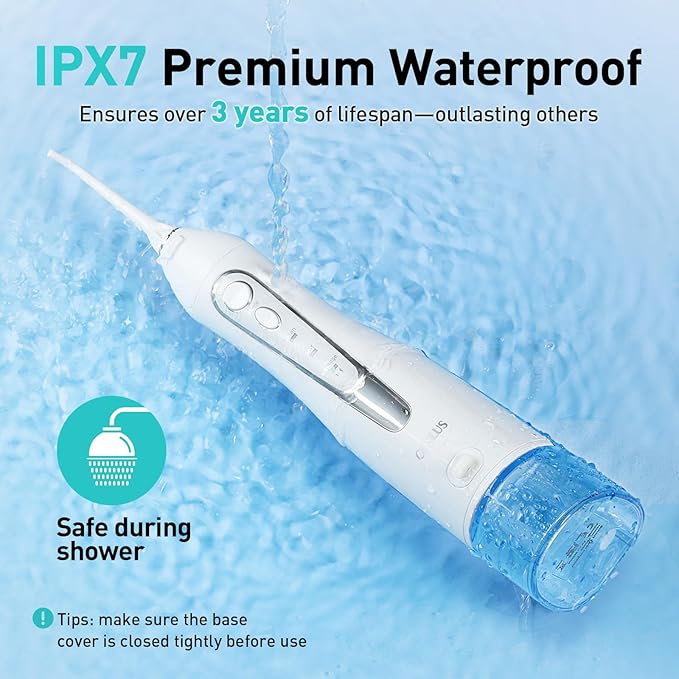 COSLUS Water Dental Flosser Teeth Pick C20(F5020E): Portable Cordless Oral Irrigator 300ML Rechargeable Travel Irrigation Cleaner IPX7 Waterproof Electric Flossing Machine for Teeth Cleaning, White