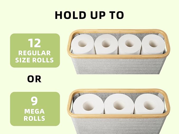 StorageWorks Toilet Paper Storage with Bamboo Lid, Toilet Paper Holder Basket for Up to 9 Mega or 12 Regular Size Rolls, Medium Paper Storage Baskets for Bathroom, Grey, 1 Pack