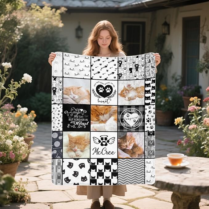 D-Story Pet Loss Sympathy Blanket Pet Loving Memorial Remembrance Gift Custom Blankets, Personalized Cat Lover Blanket with Photo Picture- Cat Passing Away Remembrance Gift