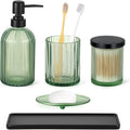 Shinowa Bathroom Accessories Set, 5 Pcs Clear Glass Bathroom Accessory Sets Complete with Soap Dispenser, Toothbrush Holder, Q-Tips Holder, Soap Dish, Ceramic Tray, Vanity Organizer, Green