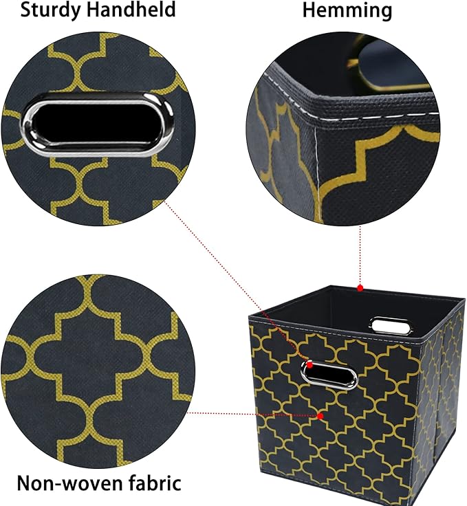 Black Foldable Storage Cubes Bins , Fabric Storage Box Cubes Organizer Baskets with Dual Handles for Home Organizer Grey Gold