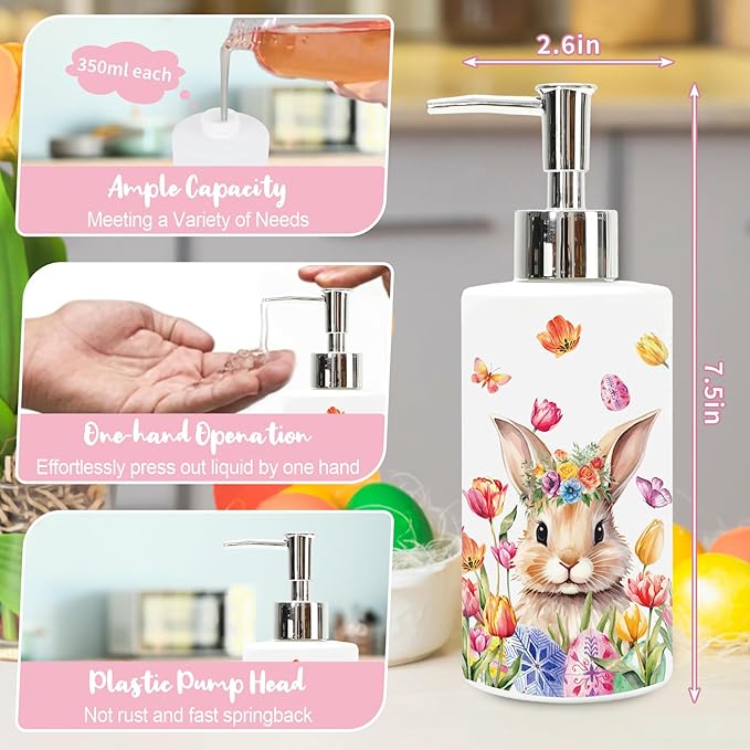 JarThenaAMCS Easter Soap Dispenser Glass Dispenser with Pump Floral Bunny Rabbit Flower Refillable Liquid Soap Container for Spring Kitchen Bathroom Countertop Decor