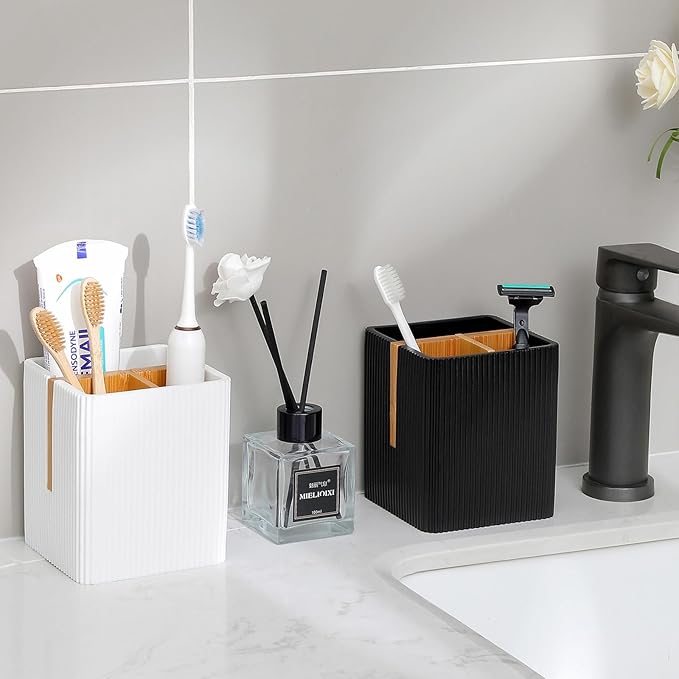 rejomiik Toothbrush Holders for Bathrooms Countertop, 3 Slots Electric Tooth Brushing and Toothpaste Storage Organizer Stand for Toiletries and Beauty Accessories, White