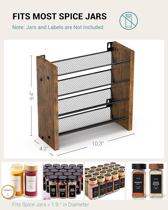 NESAPTO Spice Rack Organizer for Cabinet, Wooden 4 Tier Vertical Seasoning Organizers for Kitchen Pantry, Countertop/Wall Mount, Holds 20 Spice Jars (No Jars Included),10.3" W × 9.4" H