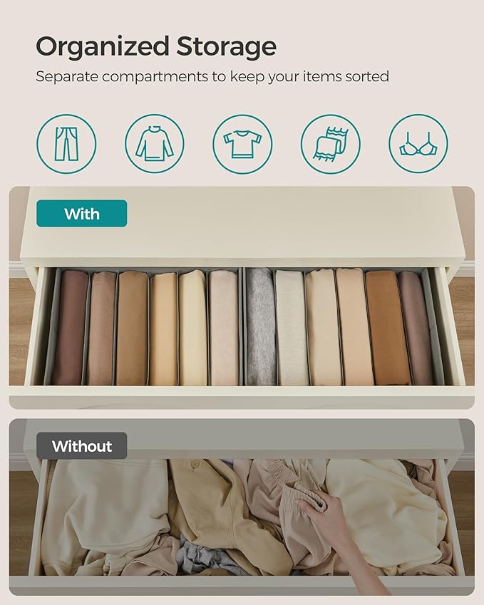 SONGMICS Set of 6 Large Size Wardrobe Clothes Organizers, 6-Compartment Foldable Drawer Organizers with Handles, 16.5 x 11.8 x 6.7 Inches, for Pants, Sweaters, Jeans, Dove Gray URUS009G03