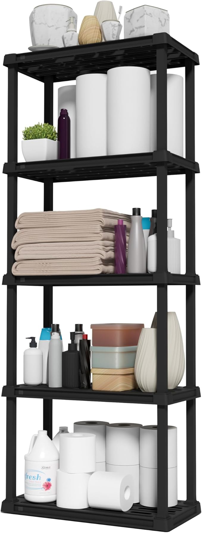 IRIS USA 5-Shelf Light Duty Plastic Storage Shelves, 250lb Capacity, 64" H x 24" W x 12" D, Medium Modular Shelving Unit Storage Organizer for Bathroom, Laundry, Garage & Home, Storage Rack - Black