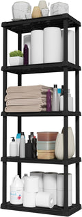 IRIS USA 5-Shelf Light Duty Plastic Storage Shelves, 250lb Capacity, 64" H x 24" W x 12" D, Medium Modular Shelving Unit Storage Organizer for Bathroom, Laundry, Garage & Home, Storage Rack - Black