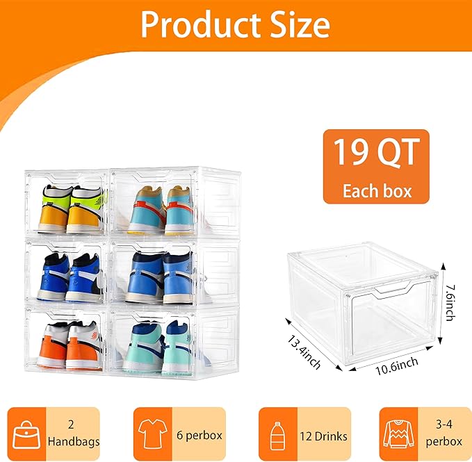 Storage Bins with Lids 6 Pack Clear Stackable Plastic Closet Organizers Containers w/Magnetic Door Box for Wardrobe Bedroom Office Dorm