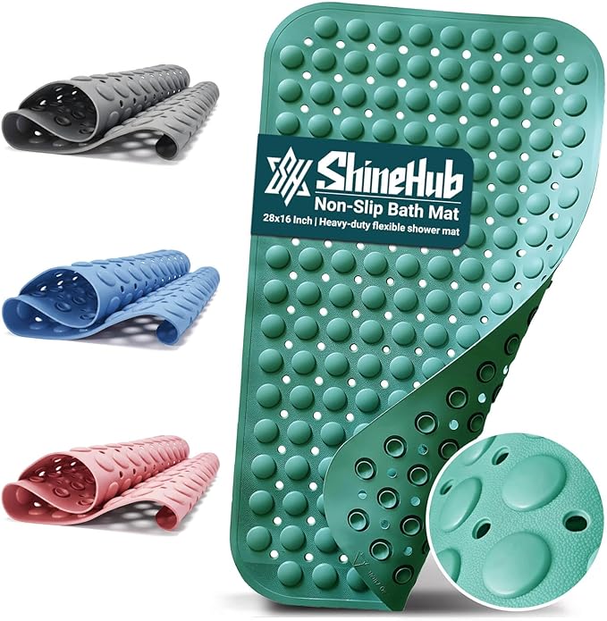 ShineHub Non-Slip Bath Mat for Tub Shower, TPE Machine Washable Bathroom Essentials with Suction Cups, Quick-Dry 28x16 inch (Smoke Pine Green)