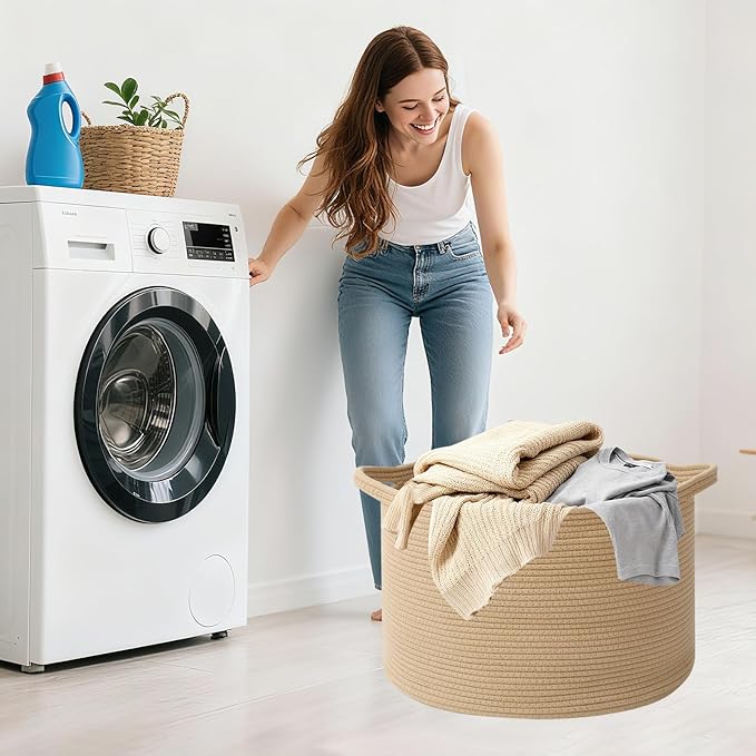 65L Large Blanket Basket,19.7" L x 19.7" W x 13" H Rope Woven Baskets with Handles, Toys Storage Bins,Laundry Basket Perfect for Living Room, Nursery,Bedroom,Home Organization,Camel