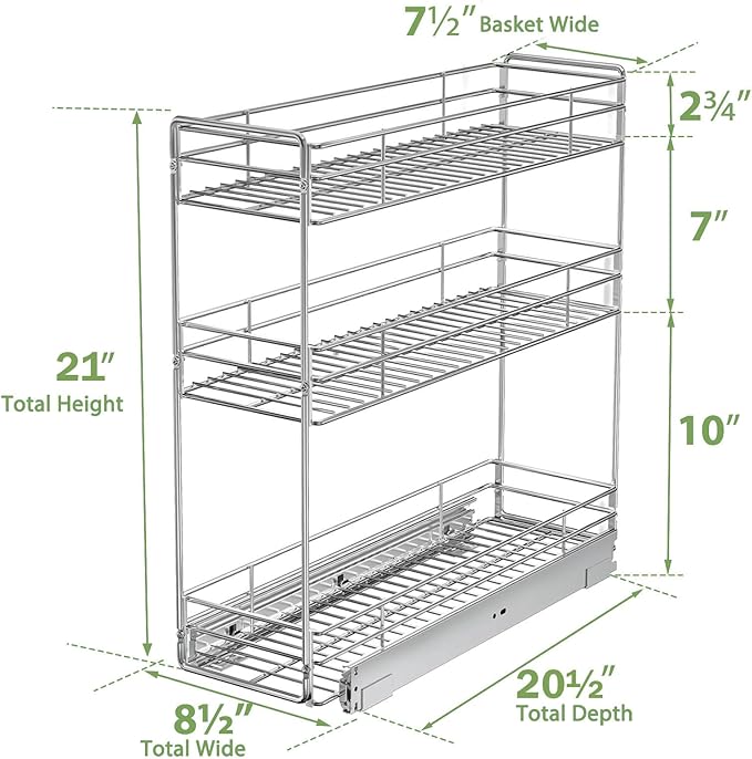 Pull Out Spice Rack Cabinet Organizer 8½" W x 20½" D, 3 Tier Heavy Duty Sliding Spice Cabinet Organization for Narrow Cabinet, Pull Out Shelves for Kitchen