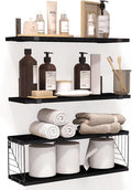 Fixwal 3+1 Tier Bathroom Floating Shelves Over Toilet, 15.8in Farmhouse Rustic Wood Shelves, Wall Decor for Bathroom, Living Room,Bedroom and Kitchen (Black)