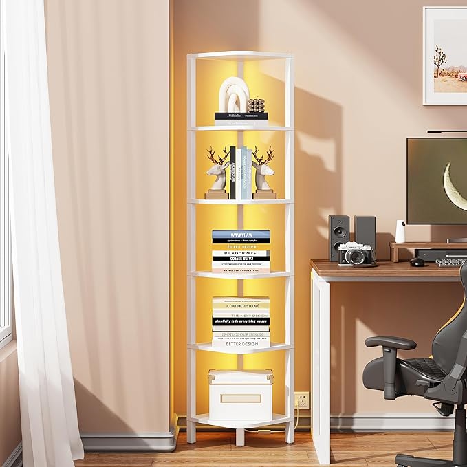 TUTOTAK Corner Shelf with LED Light, 6-Tier Corner Bookshelf for Small Space, Narrow Display Corner Shelf Stand with Storage Rack, for Living Room, Bedroom, White BS08BW006L
