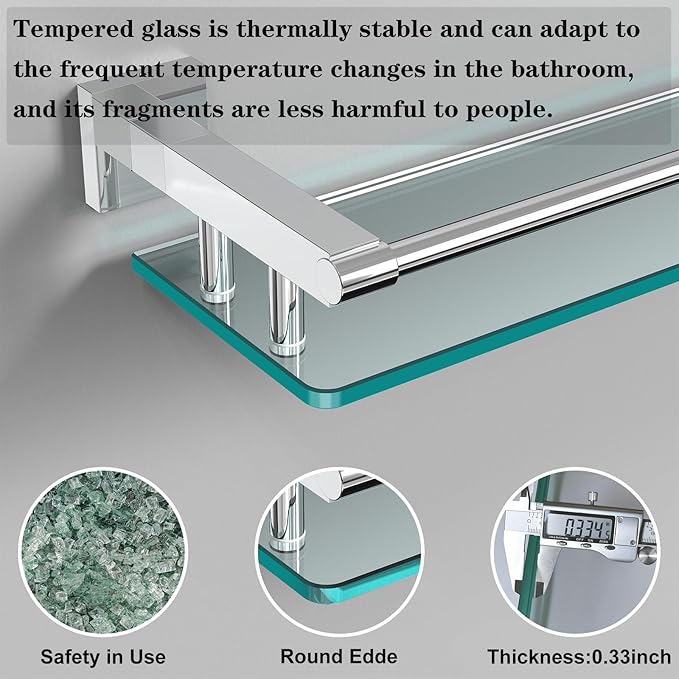 SFGSOWOR Glass Shelves for Bathroom, 20IN Rectangular Chrome Stainless Steel Tempered Glass Shelf Wall Mount Shelf Sink Over Toilet Modern Bathroom (Chrome Polished, 20‘’)