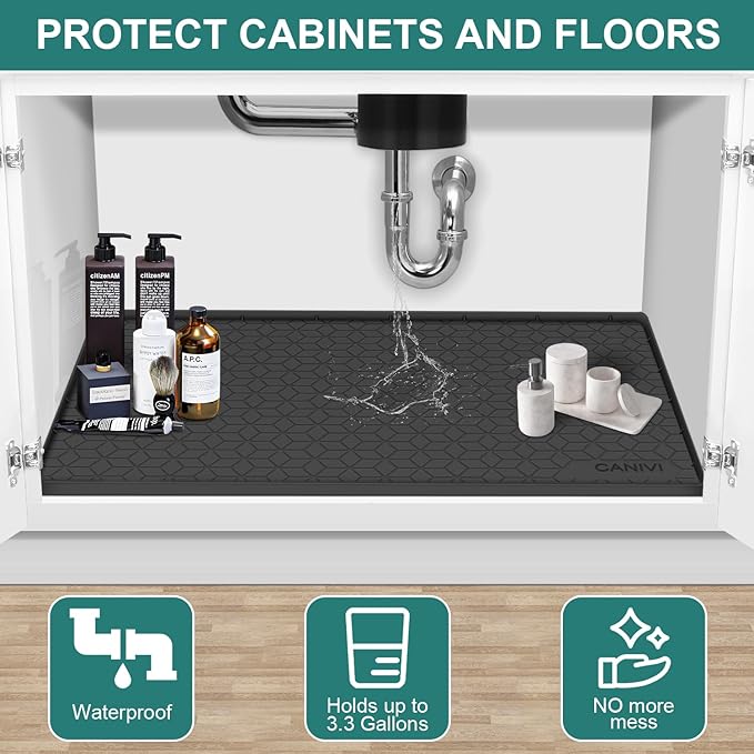 Under Sink Mat, 28" x 22" Waterproof Silicone Under Sink Tray for Kitchen & Laundry Cabinets, Kitchen Cabinet Shelf Protector, Up to 3 Gallons Liquid, Fits 36 inch Standard Cabinet (Black)