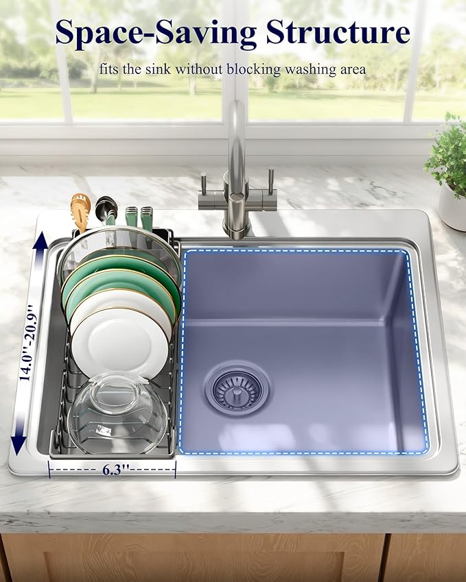 Kitsure Dish Drying Rack - Expandable Dish Rack for Kitchen Counter, Over Sink Or in Sink, Space-Saving Plates Dryer with Cutlery Holder & Drip Tray, 14.0"-20.9" L x 6.3" W x 8.0" H, Black