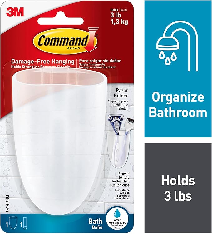 Command Bath Razor Holder, Clear Frosted, 1-Holder, 1- Water-Resistant Strip, Organize Damage-Free