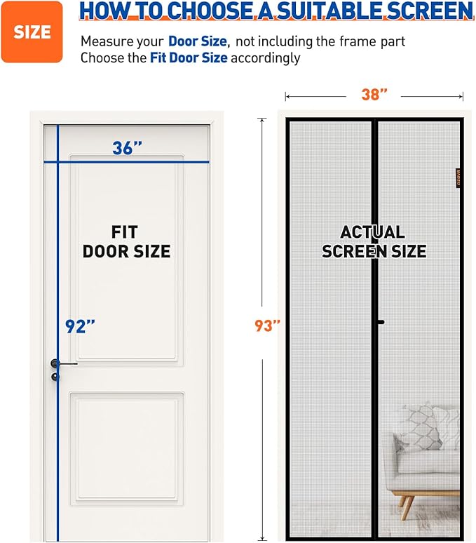MAGZO Magnetic Screen Door Fit Door Size 36 x 92 Inch, Screen Size 38" x 93" Strong Magnets Mesh, Reinforced Fiberglass Net for Patio and Front Entrances, Gray