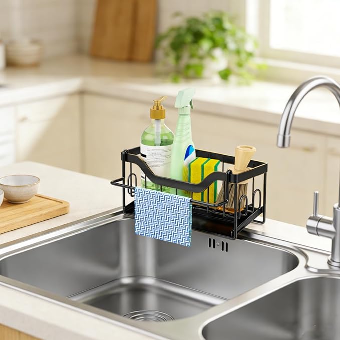 Kitchen Sink Organizer Stainless Steel Sponge Holder with Automatic Drainage Tray and Detachable Rag Rack