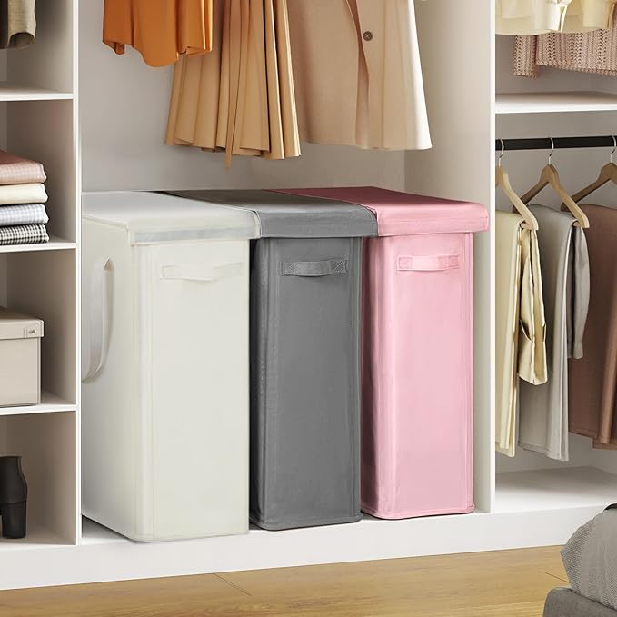 Chrislley 60L Slim Laundry Hamper with Lid Narrow Laundry Basket with Handle Upgrade Foldable Dirty Clothes Hamper Portable Skinny Hamper Organizer Storage Bins (25.6 inches, pink)