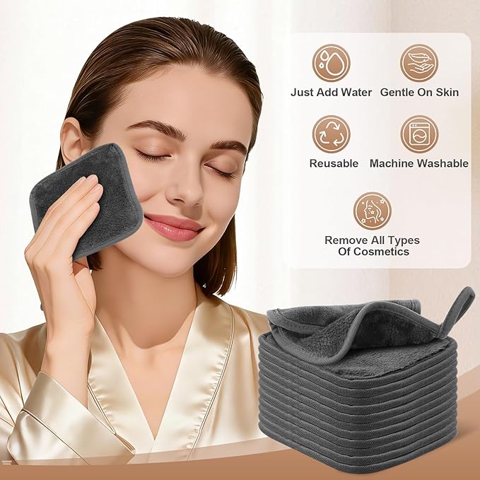 INFICRIME Makeup Remover Cloth, 6 x 6 Inch Ultra Soft and Reusable Microfiber Makeup Remover Towels for All Skin Types, Remove Instantly Dirt with Just Water, 12 Pack, Grey