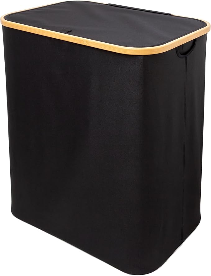 QUALIAZERO 120L Dual Laundry Hamper with Lid – 2-Section Bamboo Frame Hamper with Removable Bags & Easy-Lift Cover, Large Capacity for Families, Bathroom or Bedroom (ONYX BLACK, DUAL)