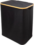 QUALIAZERO 120L Dual Laundry Hamper with Lid – 2-Section Bamboo Frame Hamper with Removable Bags & Easy-Lift Cover, Large Capacity for Families, Bathroom or Bedroom (ONYX BLACK, DUAL)
