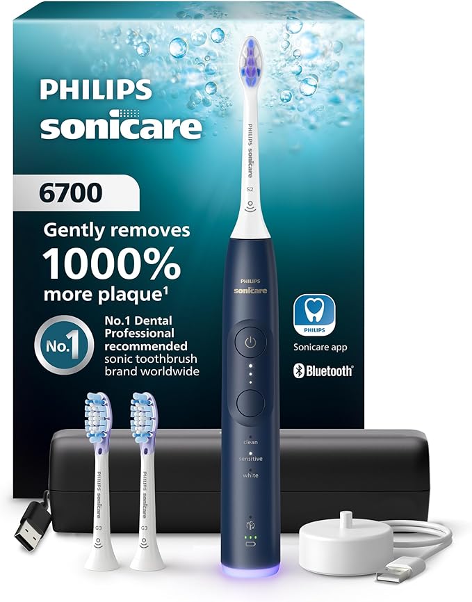 Philips Sonicare 6700 Series Electric Toothbrush - Next-Generation Sonicare Technology, Pressure Sensor, 9 Brushing Settings, SmarTimer, 21-Day Runtime, Travel Case, Navy Blue, HX7413/05