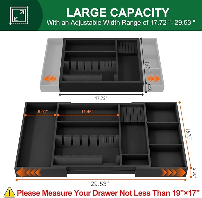 Bamboo Silverware Drawer Organizer, 17.7-29.5 Inch Expandable Large Kitchen Drawer Organizer, 5-8 Slot Flatware with Removable Card Slots & Knife Block for Spoon Butter Knive, Black