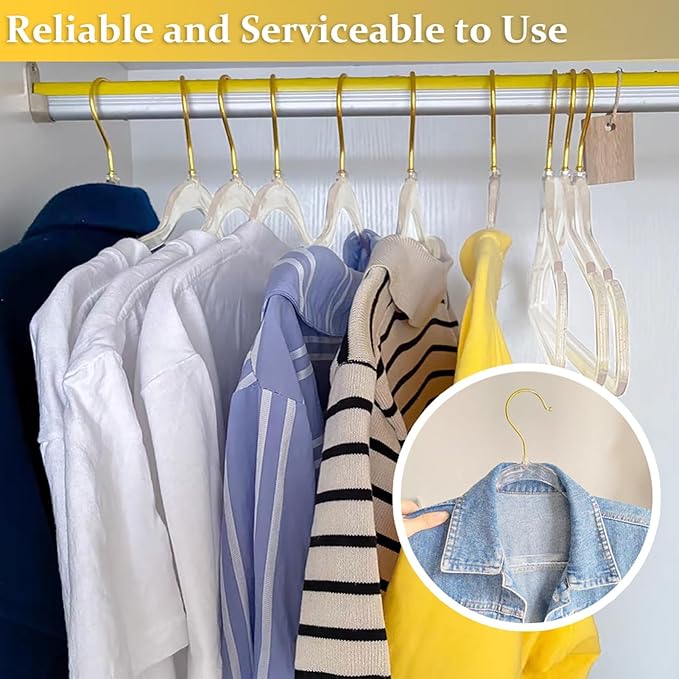VSV stoage Clear Clothes Hangers 16", 40 Pack Plastic Coat Hanger for Adult Closet, Bling Thin Hangers with Swivel Gold Hook, Notched Shoulders Perchas - Clothing Rack for Bridesmaid Dresses