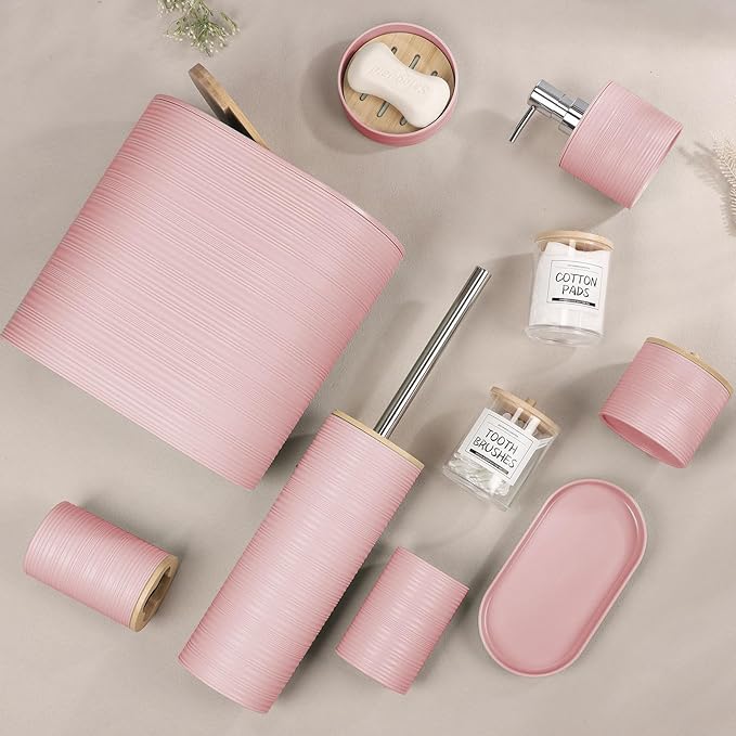 IMAVO Bathroom Accessory Set-11Pcs Pink Bathroom Accessories Set with Trash Can,Soap Dispenser,Soap Dish,Toothbrush Holder,Toothbrush Cup,Toilet Brush Holder,Qtip Holder Dispenser with Labels