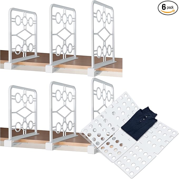 Space-Saving Shelf Dividers with T-Shirt Folder Board - Organize and Maximize Closet Space - Ideal for Kitchen, Bathroom, Office, Bedroom - Pack of 6, Durable, Easy to Install
