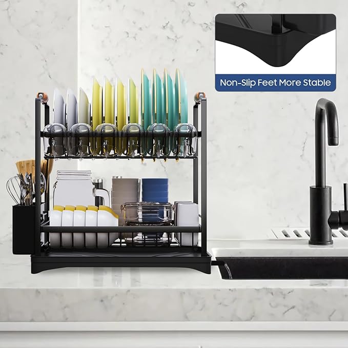 2-Tier Large Dish Drying Rack for Kitchen Counter with Drainboard and Cutlery Holder, 2 Tier Dish Drying Rack, Black,16.54" D x 11.81" W x 17.71" H