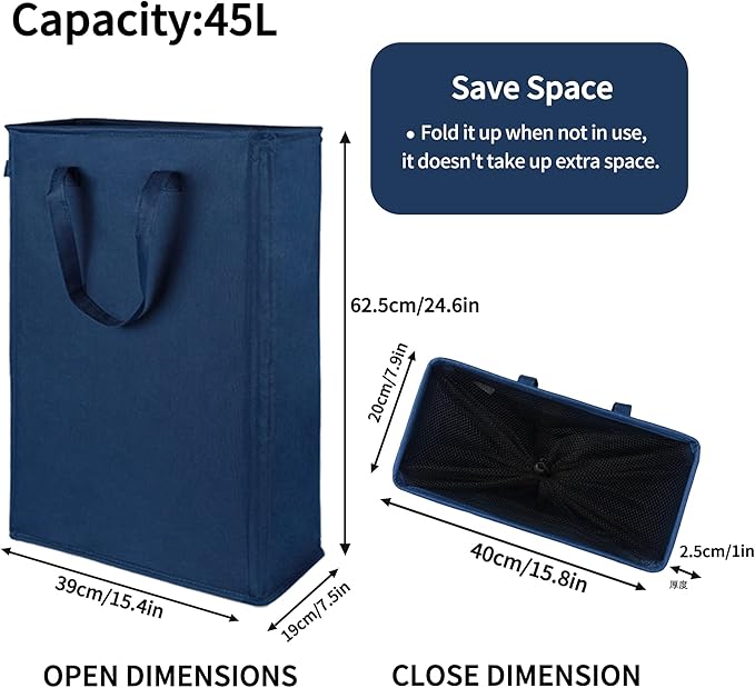 Odonata Slim Laundry Hamper Handles Collapsible Laundry Basket Thin Dirty Clothes Basket Narrow Laundry Bag Foldable Dirty Hamper 45L (Navy blue)