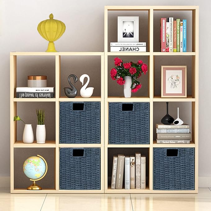 Vagusicc Wicker Storage Basket, Set of 2 Hand-Woven Storage Baskets for Shelves with Handles, Foldable Cube Storage Baskets Bins 11 Inch Large Wicker Baskets for Pantry Decor, Blue(11''x11''x11'')