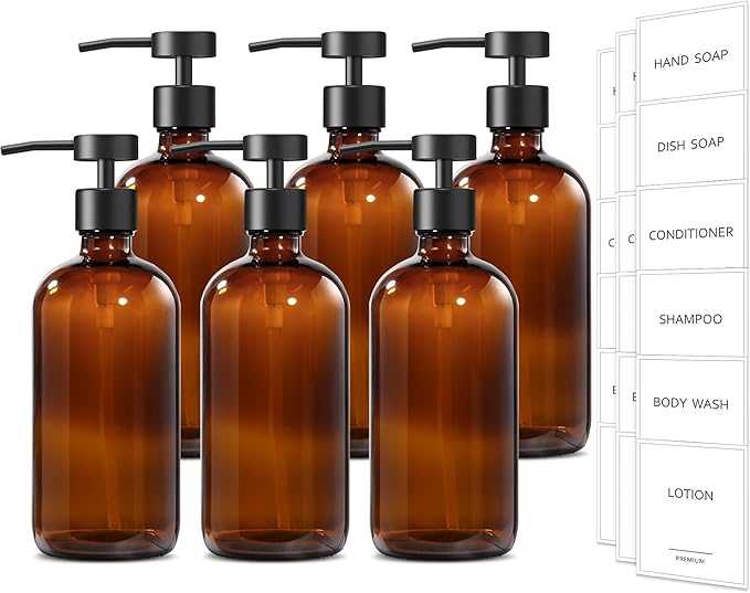 GMISUN Amber Glass Soap Dispenser, 6 Pack Bathroom Hand Soap Dispensers with Stainless Steel Pump, 17 Fl Oz Kitchen Hand and Dish Soap Dispenser Set, Modern Vintage Liquid Brown Soap Dispensers Bottle