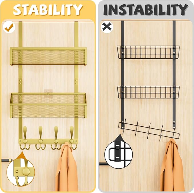 Kaiferty Over The Door Hooks Organizer, Coat Rack Over The Door Storage Hanger Towel Rack, Back of Door Storage Organizer for Bathroom,Bedroom,Kitchen,Office (Gold, 3-Tier)