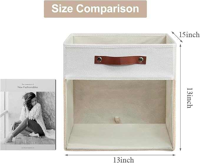 Storage Cubes, 4 Pack Linen Foldable Storage Bins with Clear Window and 2 Handles, 13x15x13 Storage Cube Bins for Shelf Closet, Kallax, Clothes, Books - (Beige and White)