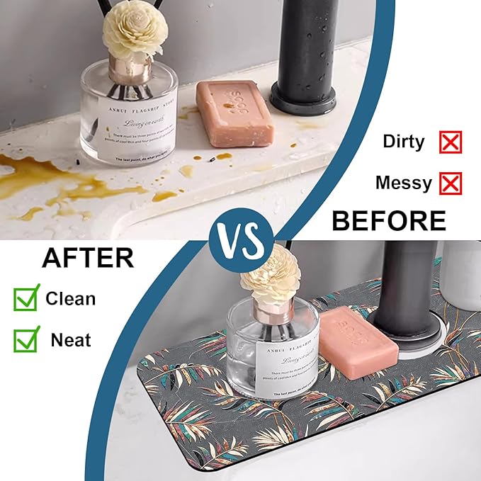 Ceramic Texture Kitchen Sink Splash Guard Faucet Mat Kitchen Tiles Super Absorbent Fast Drying Mat Sink Splash Guard Behind Faucet for Kitchen Bathroom, 15.5"x5.5"