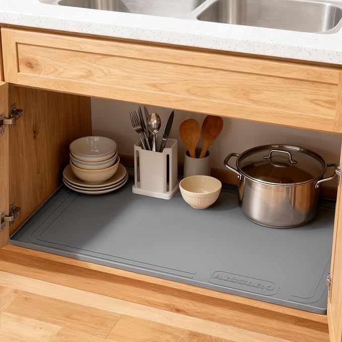 Aisslro Under Sink Mat 34" X 22", Waterproof Silicone Cabinet Organizer Protector with Raised Edge, Kitchen & Bathroom Leak Tray, Shelf Liner & Pet Feeding Mat for Dog Cat Food Mats, Gray