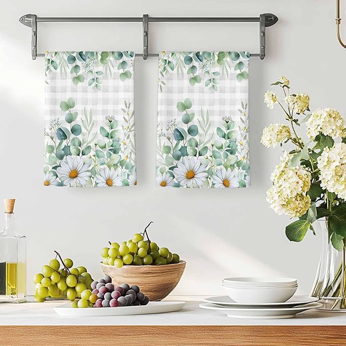Kitchen Towels Set of 4, Green Eucalyptus Leaves Soft Microfiber Dish Towels, Daisy Summer Botanical Watercolor Plaid Absorbent Washable Dishcloths for Kitchen Cleaning, Drying Dishes, 18x28 Inches