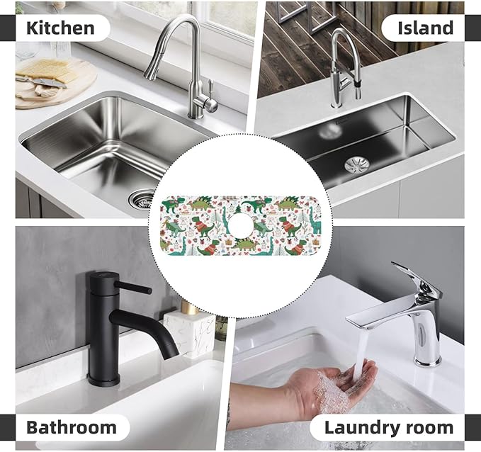 Dinosaur Christmas Happy New Year Kitchen Sink Splash Guard Faucet Mat Super Absorbent Fast Drying Mat Sink Gadgets-Fast Drying Pad Sink Mat For Kitchen Bathroom (15" X 5.5" )