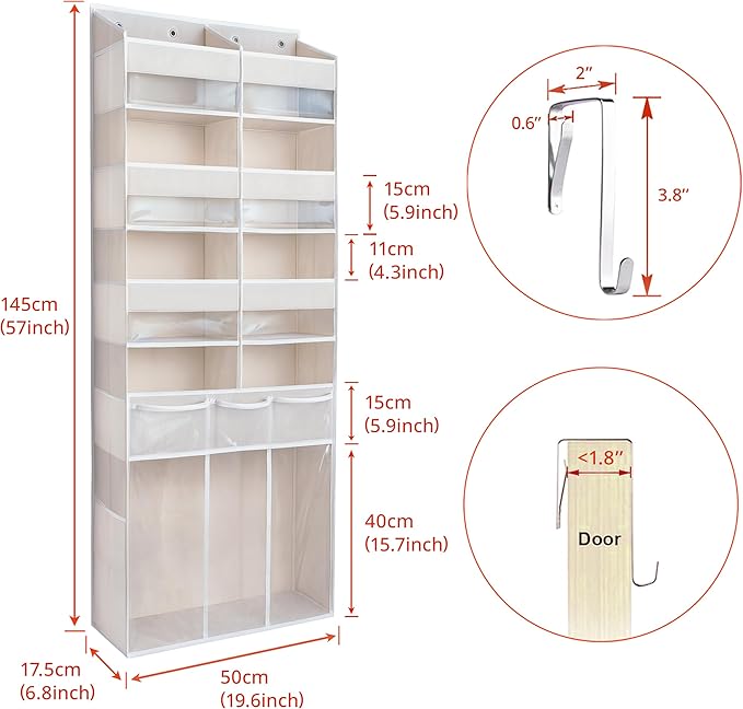 Extra Large Over The Door Organizer with Clear Pockets - 8 Compartments & XL Bottom Storage, Heavy-Duty Hanging Organizer for Bathroom, Bedroom, Closet (57 Inch Height).