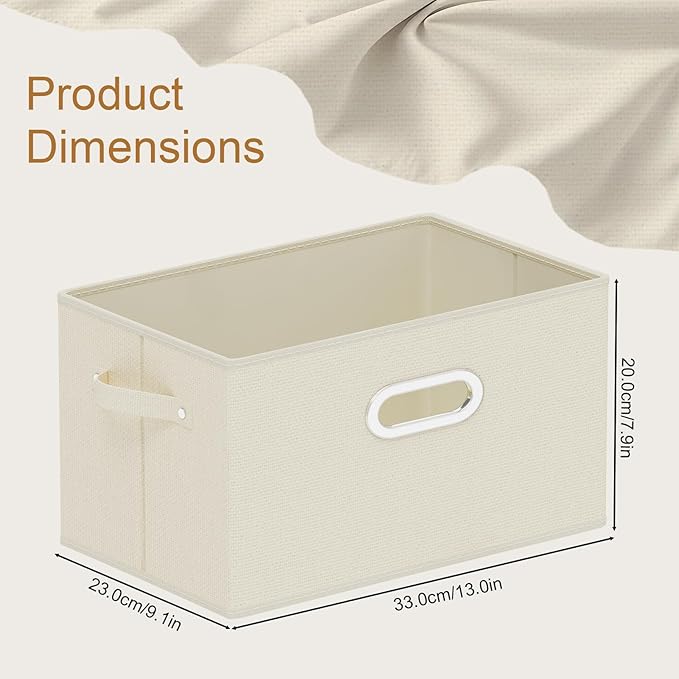 Foldable Cloth Basket with 3 Handles, Decorative Open Storage Boxes, Stackable Cube Organization, Fabric Bins for Shelves, Closet, Living Room, 13x9.1x7.9in, Beige, 4 Pack