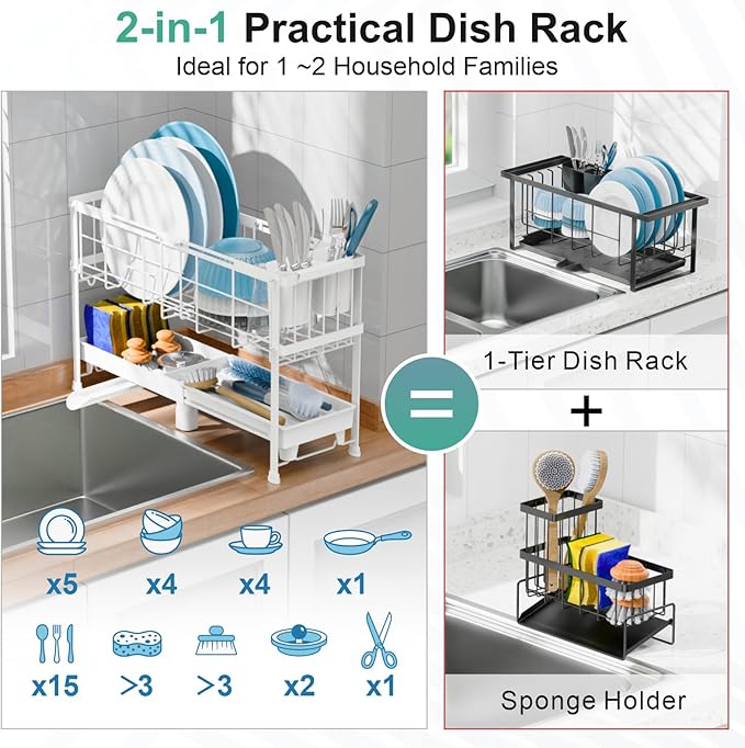 GSlife Narrow Dish Drying Rack - Expandable Small Dish Rack for Kitchen Counter, 2 Tier Adjustable Capacity (15.7''-20.7''L) Dish Drainer Rack with Removable Cutlery Holder, White